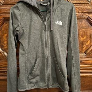 The North Face Zip up hooded jacket, size small, dark gray.